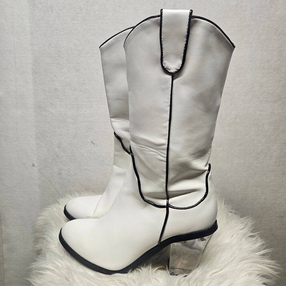 Current Mood White Fragile Fantasy Cowboy Boots Clear Block Heel Size 9